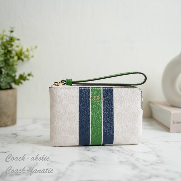 Coach Handbags - NWT Coach CBP19 Corner Zip Wristlet Signature Canvas Varsity Stripe Chalk/Kelly